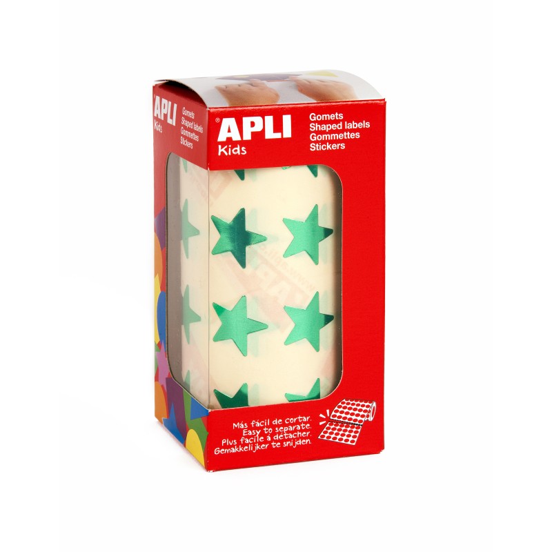 Apli Metallic Green Star Gomets - Taille 19,5 mm - 1416 Gomets par rouleau - Adhésif permanent - Idéal pour les écoles et les