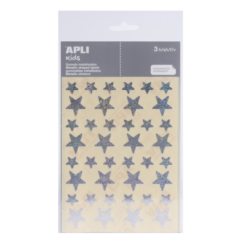LOT de 10 Apli Bag of Star Stickers - 12,5 mm x 19,5 mm - Holographique avec adhésif permanent - 3 feuilles et 120 autocollants