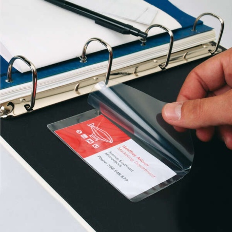 Pochettes adhésives porte-cartes avec rabat transparent 100x60mm