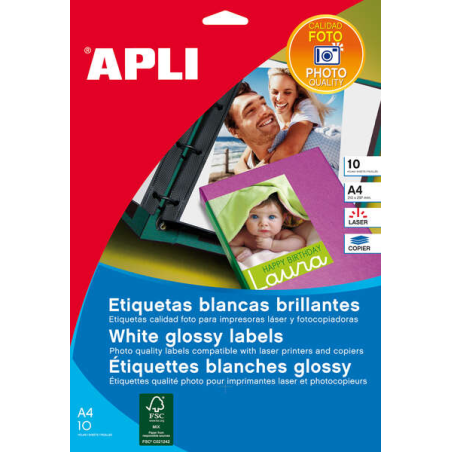 Étiquettes blanches photo laser Apli 199,6x289,1mm 10 feuilles