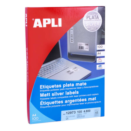Étiquettes métalliques Apli argent 45,7 x 21,2 mm, 100 feuilles