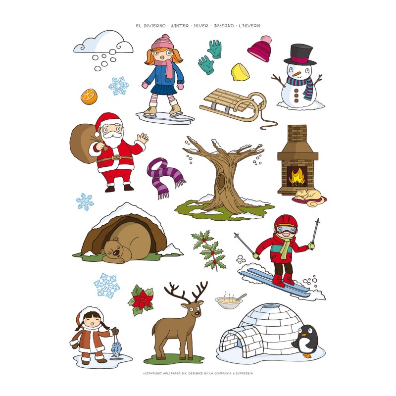 LOT de 5 Apli Sac d'autocollants sur le thème de l'hiver - 69 autocollants sur 3 feuilles - Adhésif amovible - Illustrations