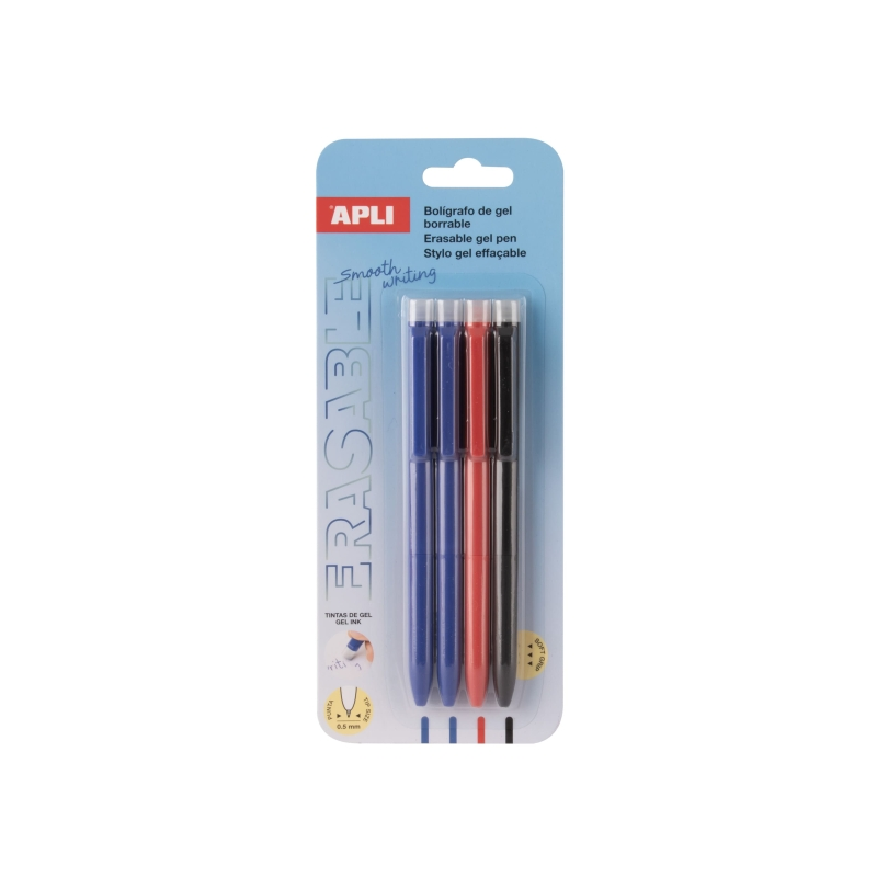 Stylo gel effaçable Apli 0,5 mm lot de 4 couleurs assorties Stylo gel effaçable Apli 0,5 mm lot de 4 couleurs assorties