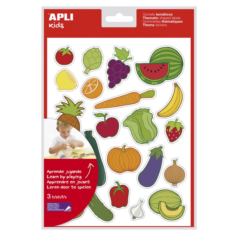 LOT de 5 Apli Sac d'Autocollants Thème Fruits et Légumes - 69 Autocollants - Adhésif Amovible - Illustrations Amusantes
