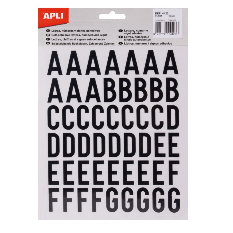 LOT de 5 Apli Lettres Adhésives Majuscules Adhésives - Hauteur 25mm - Couleur Noir - Paquet de 4 Feuilles de 209 Lettres