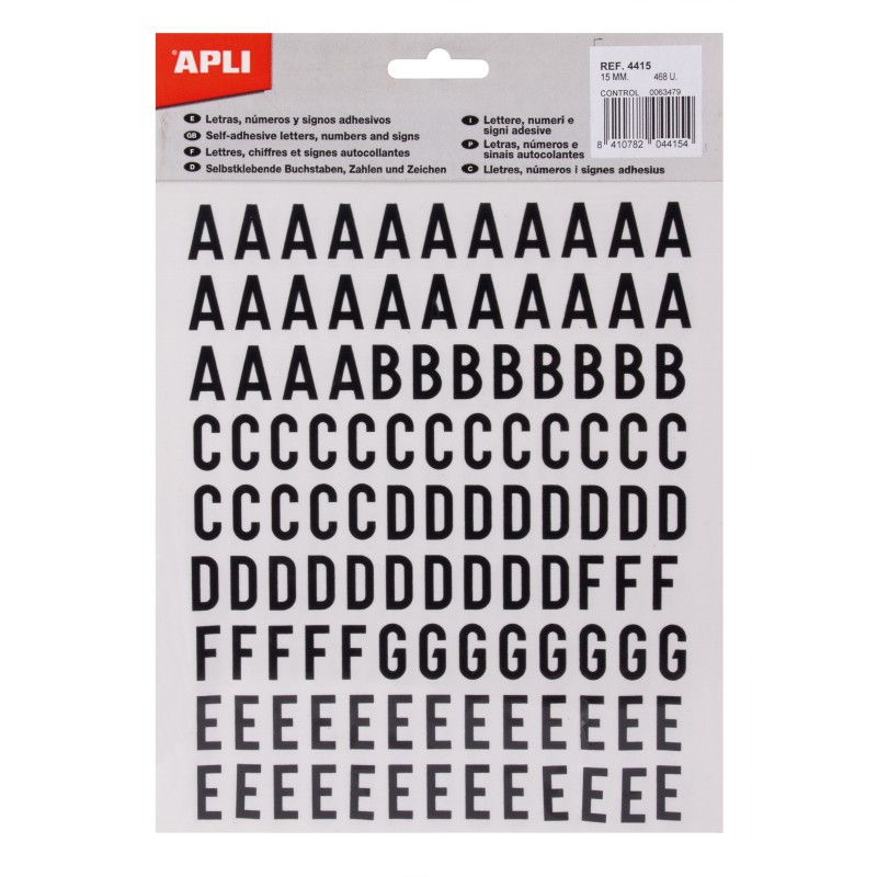 LOT de 5 Apli Stick Adhésif Lettres Majuscules - Hauteur 15mm - Paquet de 4 Feuilles de 468 Lettres - Couleur Noir