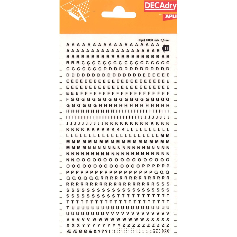 Lettres majuscules noires transférables Apli 2,5 mm 730 caractères