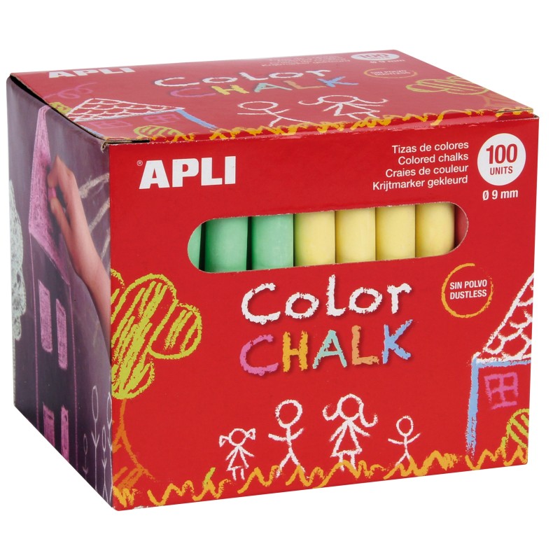 Appli craies rondes de couleurs assorties - Lot de 100 craies Ø 9 x 80 mm - Sans poussière - Idéal pour écrire, dessiner et