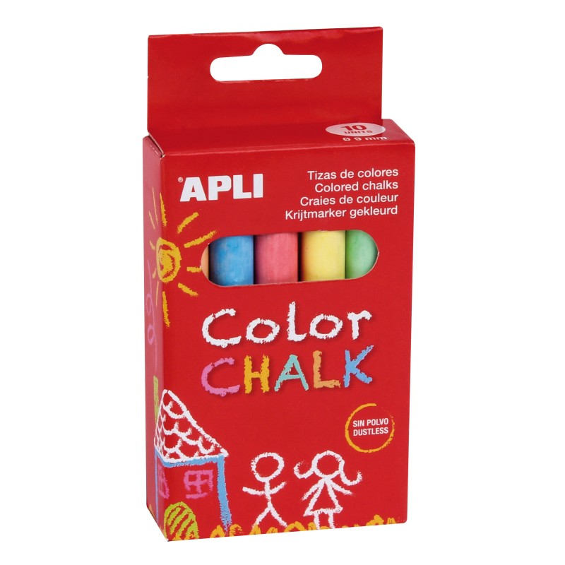 LOT de 12 Craies rondes Apli de couleurs assorties - Lot de 10 craies de Ø 9 x 80 mm - Sans poussière - Idéal pour écrire