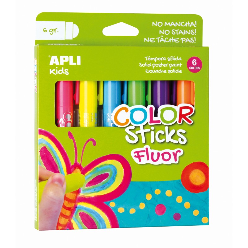Apli Color Sticks Solid Fluorescent Temperas - Pack 6 Unités de 6g - Finition Satinée sans Nécessité de Vernis - Séchage Rapide
