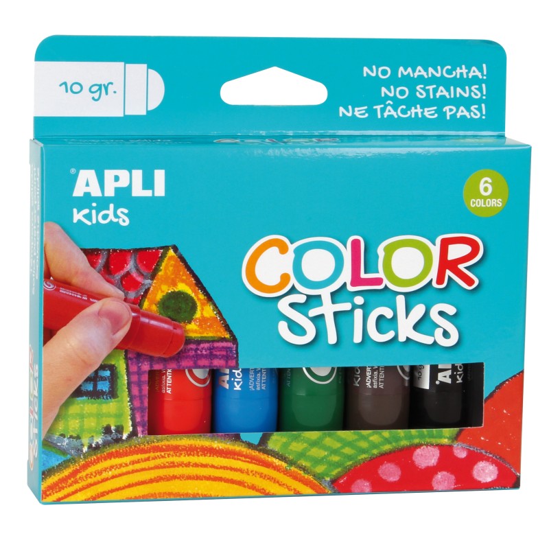 Apli Color Sticks Solid Temperas - Pack de 6 Unités de 10g - Finition Satinée sans Nécessité de Vernis - Séchage Rapide en
