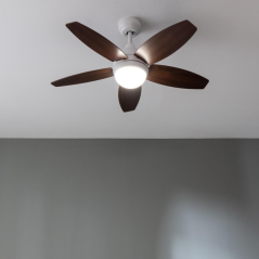 ventilateur plafond blanc bois foncé