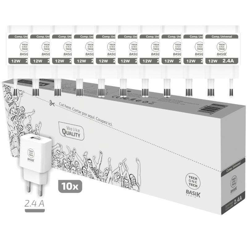 Pack de 10 chargeurs muraux USB 12W blanc TechOneTech Pack de 10 chargeurs muraux USB 12W blanc TechOneTech