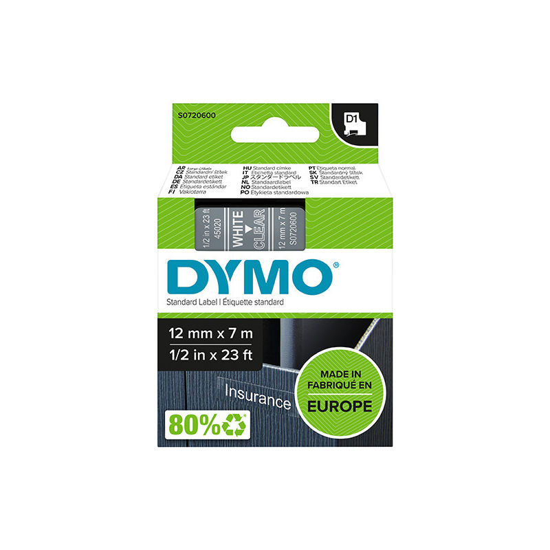 Dymo D1 45020 Ruban étiquettes 12 mm x 7 m blanc transparent Dymo D1 45020 Ruban étiquettes 12 mm x 7 m blanc transparent