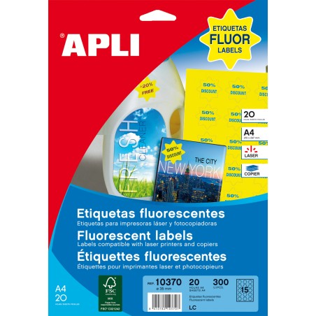 Apli Etiquettes Jaunes Fluorescentes Permanentes Etoile Ø 35mm 20 Feuilles