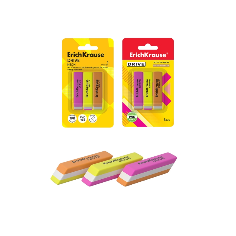 Gommes ErichKrause Drive Neon x3 assorties sans PVC Gommes ErichKrause Drive Neon x3 assorties sans PVC