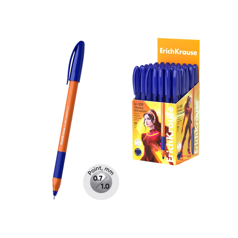 Stylo-bille ErichKrause U-109 bleu 0,7 mm corps orange