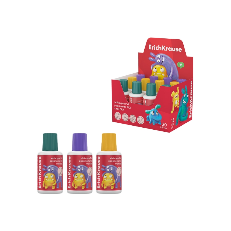 Colle blanche PVA avec pinceau 20ml ErichKrause x12 Colle blanche PVA avec pinceau 20ml ErichKrause x12