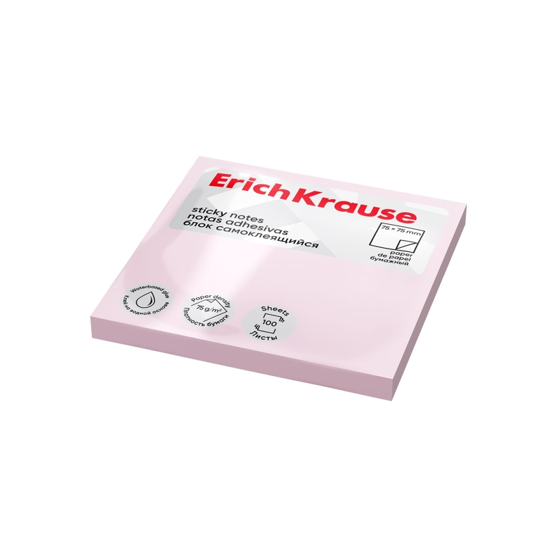 Bloc de 100 notes adhésives ErichKrause 75x75mm rose Bloc de 100 notes adhésives ErichKrause 75x75mm rose