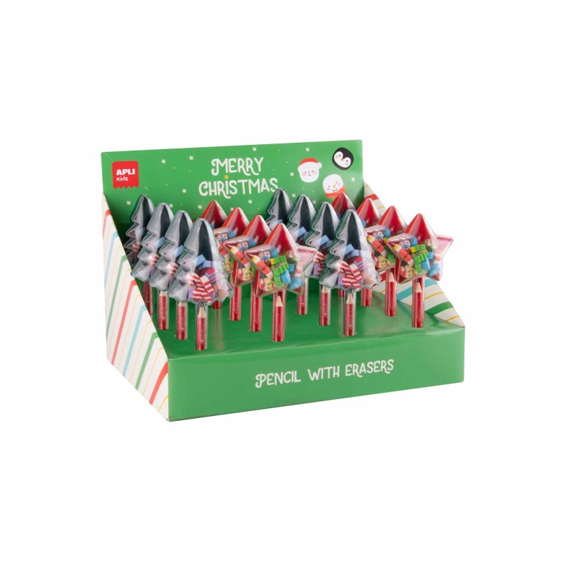 Apli Lot de 12 crayons de Noël avec mini gommes assorties Apli Lot de 12 crayons de Noël avec mini gommes assorties