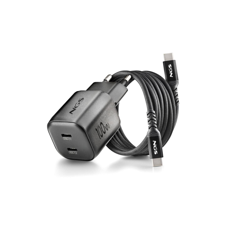Chargeur mural NGS Bud 100W-C GaN 2x USB-C PD Noir Chargeur mural NGS Bud 100W-C GaN 2x USB-C PD Noir