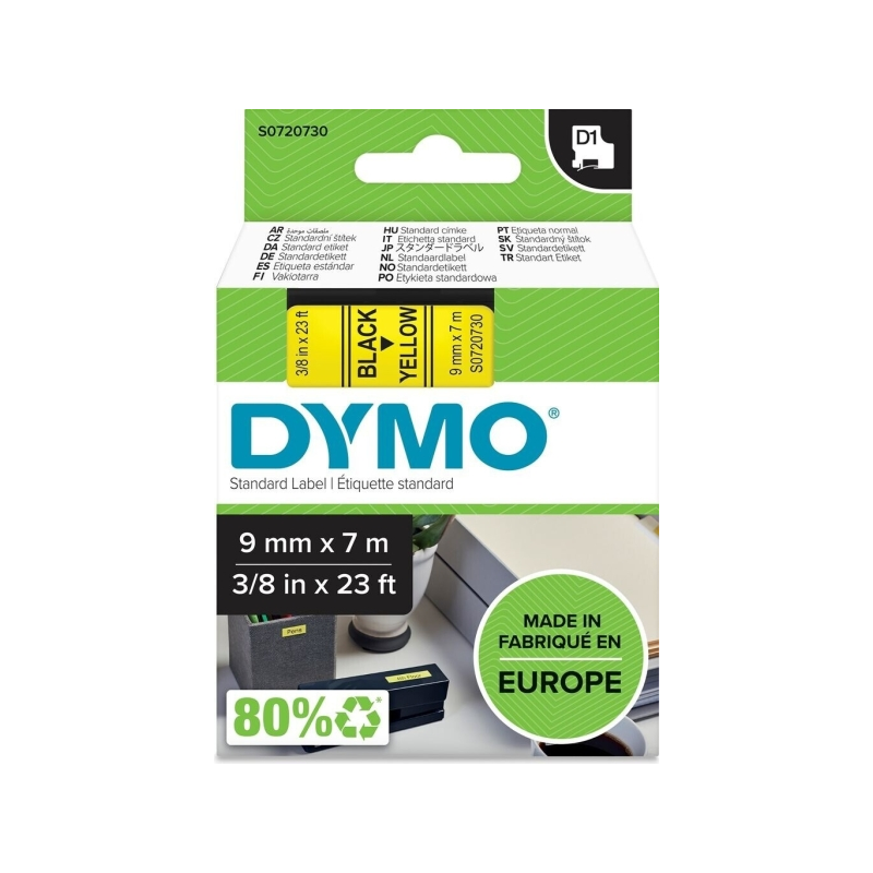 Dymo D1 40918 Étiquette 9 mm x 7 m Noir sur jaune