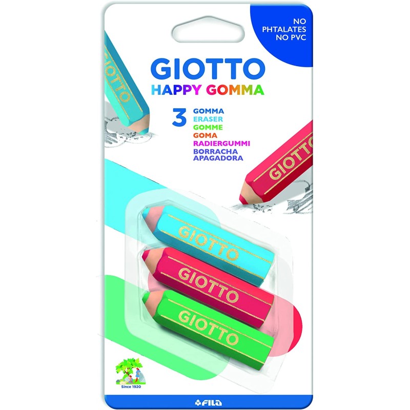 Gomme plastique Giotto Happy pack de 3 couleurs assorties