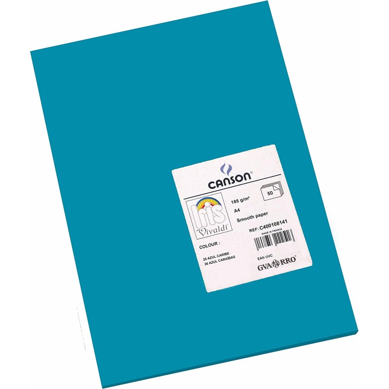 Canson Guarro Pack de 50 Cartes A4 Iris de 185g - 21x29,7cm - Couleur Bleu Caraïbes