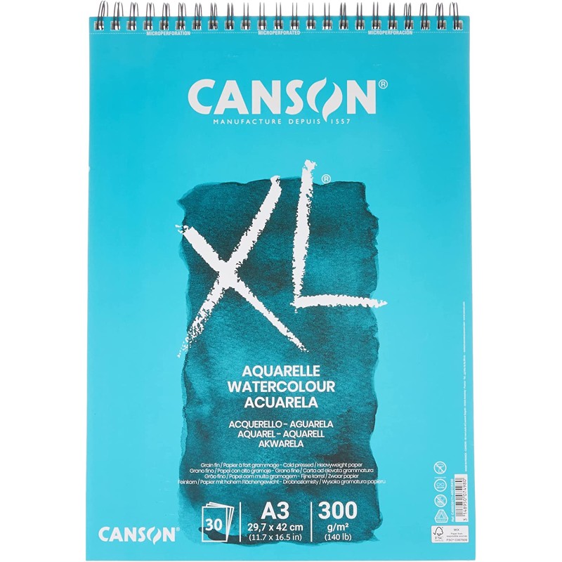 Canson XL Aquarelle Album Spirale Microperforé 30 Feuilles A3 - Grain Fin - 29,7x42cm - 300g - Couleur Blanc Canson XL Aquarelle Album Spirale Microperforé 30 Feuilles A3 - Grain Fin - 29,7x42cm - 300g - Couleur Blanc