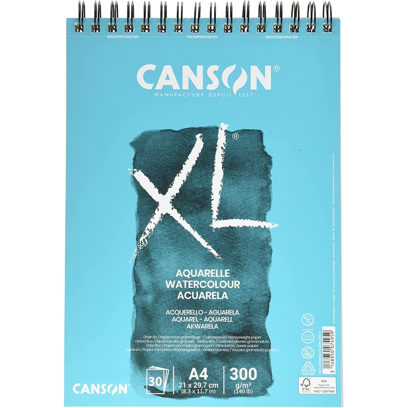 Canson XL Aquarelle Album Spirale Microperforé 30 Feuilles A4 - Grain Fin - 21x29,7cm - 300g - Couleur Blanc