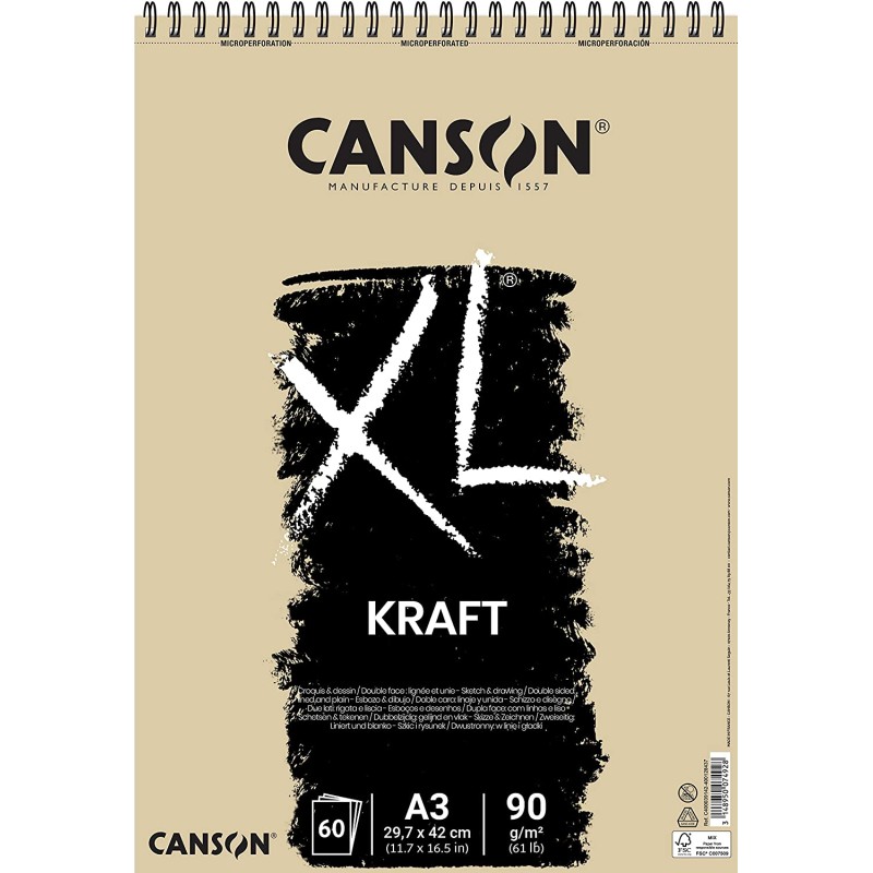Canson XL Bloc à Dessin Kraft Ligné avec 60 Feuilles A3 - Spirale Microperforée - 29,7x42cm - 90g - Couleur Beige