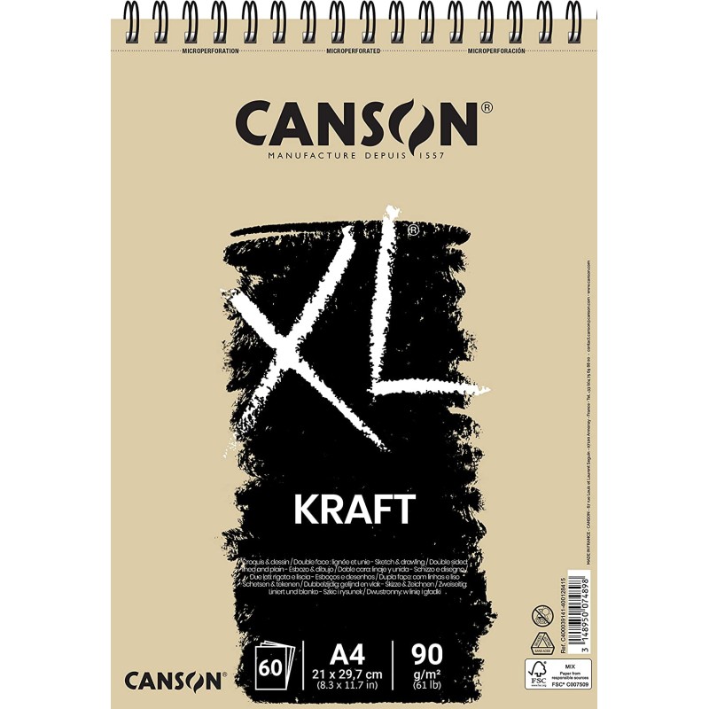 Canson XL Bloc à Dessin Kraft Ligné avec 60 Feuilles A4 - Spirale Microperforée - 21x29,7cm - 90g - Couleur Beige