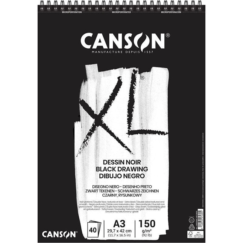 Canson XL Noir Bloc de 40 Feuilles A3 - Grain Fin - Spirale Microperforée - 29,7x42cm - 150g - Couleur Noir Canson XL Noir Bloc de 40 Feuilles A3 - Grain Fin - Spirale Microperforée - 29,7x42cm - 150g - Couleur Noir
