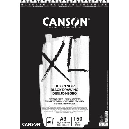 ✅ Canson XL Noir Bloc de 40 Feuilles A3 - Grain Fin - Spirale Microperforée - 29,7x42cm - 150g - Couleur Noir c en stock