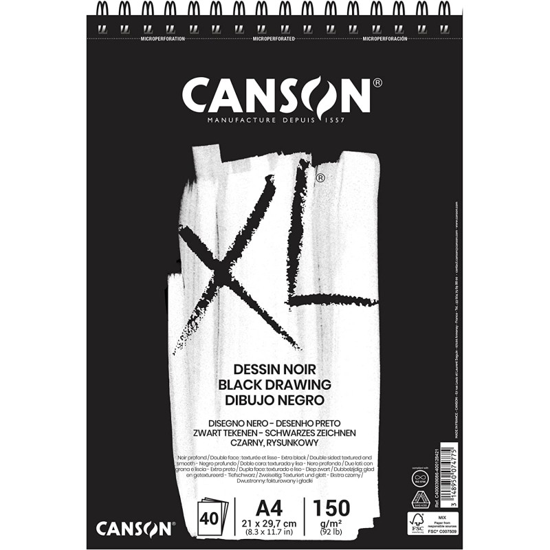 Canson XL Noir Bloc de 40 Feuilles A4 - Grain Fin - Spirale Microperforée - 21x29,7cm - 150g - Couleur Noir