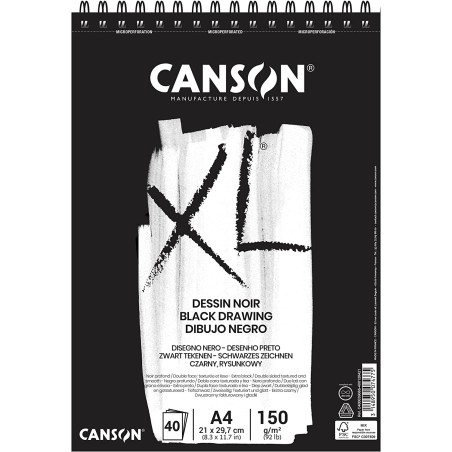 ✅ Canson XL Noir Bloc de 40 Feuilles A4 - Grain Fin - Spirale Microperforée - 21x29,7cm - 150g - Couleur Noir c en stock