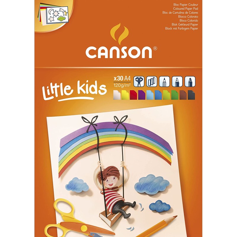 Bloc Carton Collé Canson Kids de 30 Feuilles A4 - 21x29,7 - 120g - Couleurs Assorties