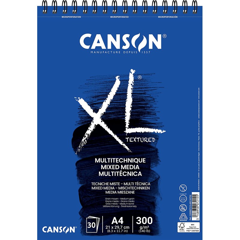 Canson Xl Mix Media Bloc Dessin Aquarelle de 30 Feuilles A4 - Grain Moyen - Spirale Microperforée - 21x29,7cm - 300g - Couleur