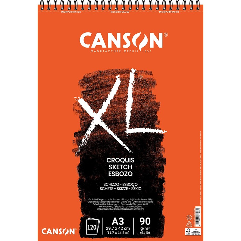 Bloc Croquis Canson XL avec 120 Feuilles A3 - Spirale Microperforée - 29,7x42cm - 90g - Couleur Ivoire