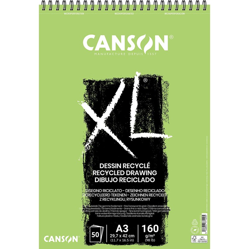 Canson XL Bloc Dessin Recyclé 50 Feuilles A3 - Spirale Microperforée - Grain Fin - 160g - Couleur Blanc