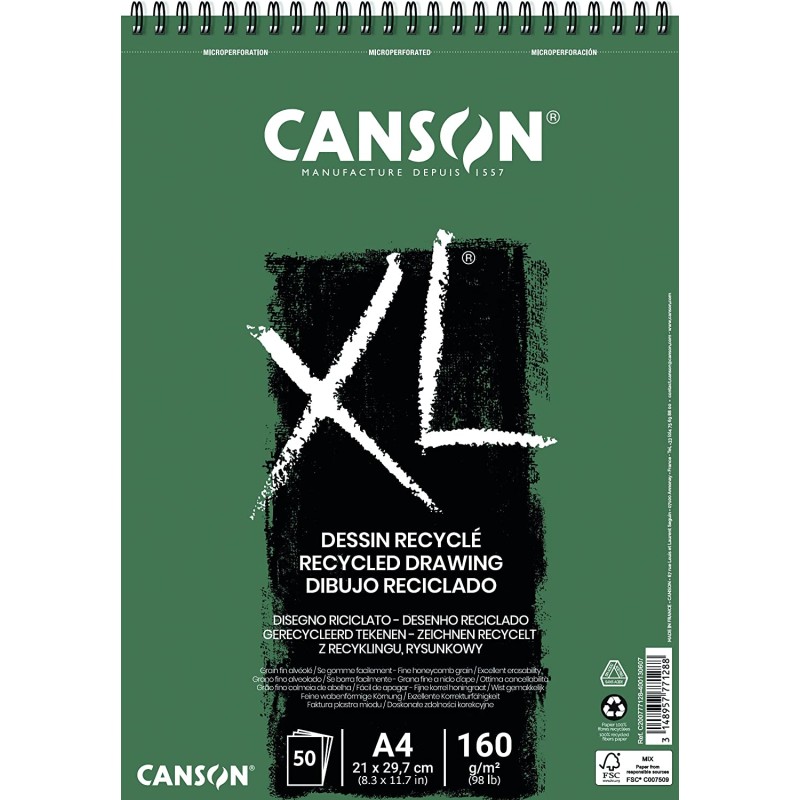 Canson XL Bloc Dessin Recyclé + 50 Feuilles A4 - Spirale Microperforée - Grain Fin - 160g - Couleur Blanc Canson XL Bloc Dessin Recyclé + 50 Feuilles A4 - Spirale Microperforée - Grain Fin - 160g - Couleur Blanc