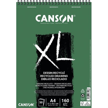✅ Canson XL Bloc Dessin Recyclé + 50 Feuilles A4 - Spirale Microperforée - Grain Fin - 160g - Couleur Blanc co en stock