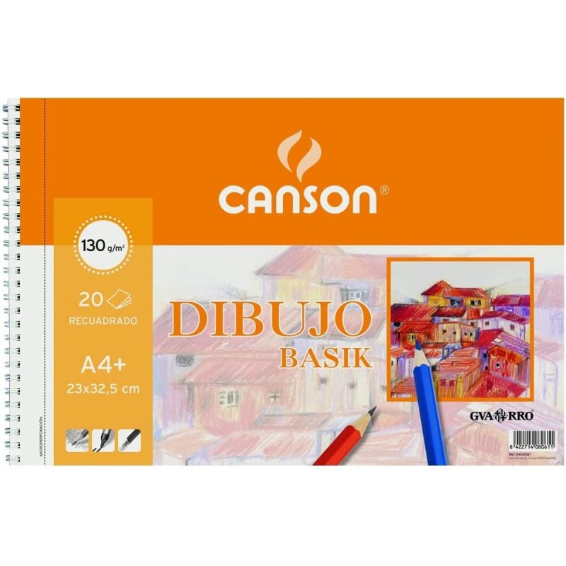 Canson Basik Bloc Dessin A4 avec Cadre - Album Spirale Microperforé - 23x32,5 cm - 120 Feuilles - 130g - Couleur Blanc
