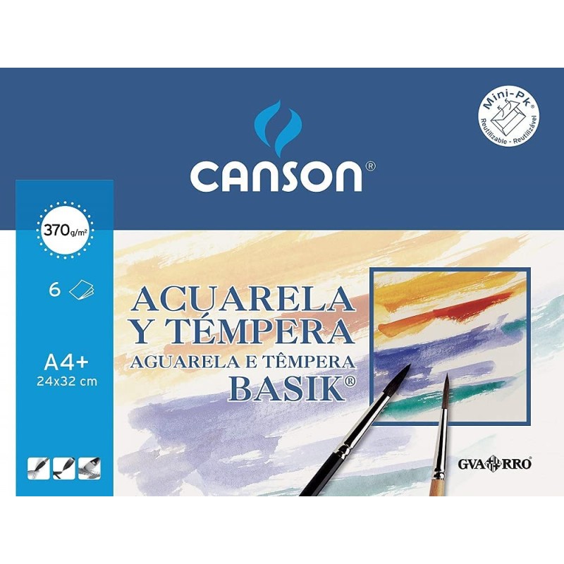 Canson Aquarelle Basik Minipack de 6 Feuilles A4+ - 24x32cm - 370g - Couleur Blanc