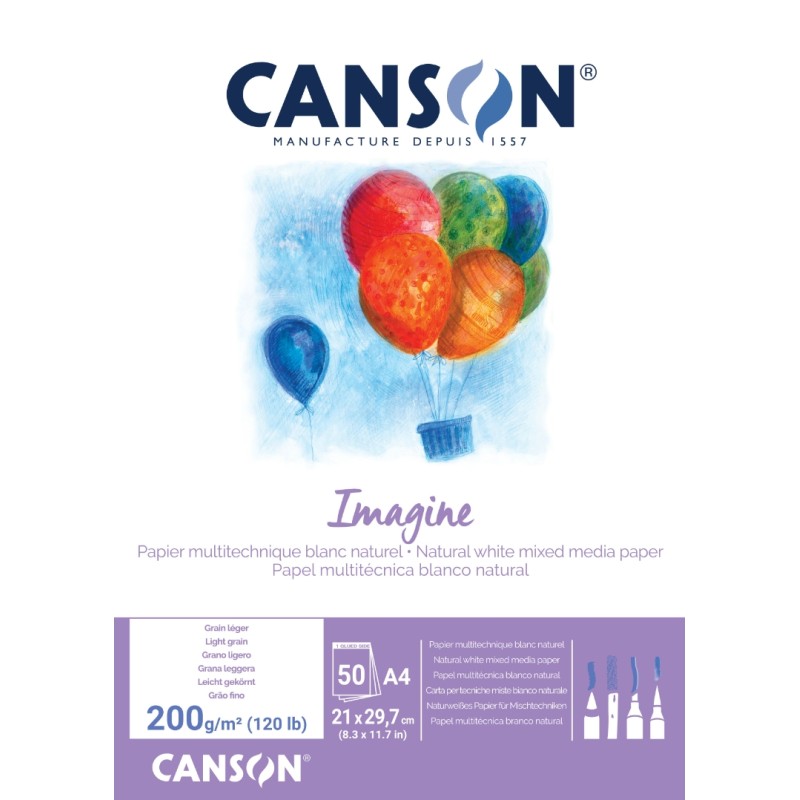 Canson Imagine Bloc de 50 Feuilles A4 Collées - Grain Fin - 21x29,7cm - 200g - Couleur Blanc