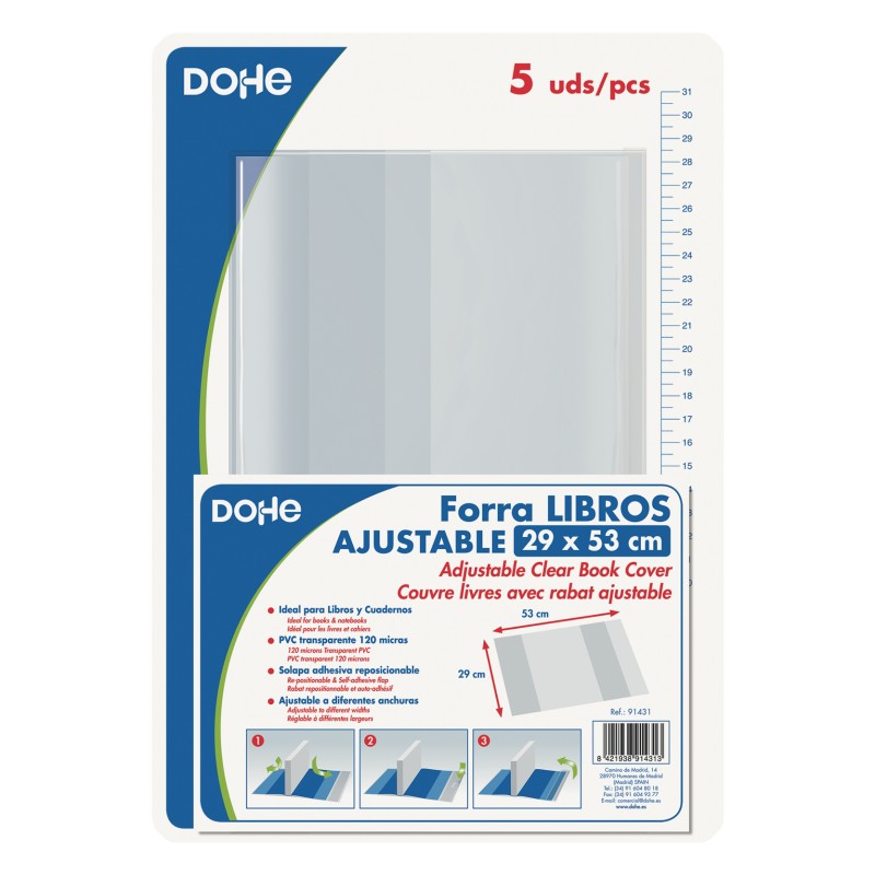 Dohe Lot de 5 Protèges Livres - Rabat Adhésif Repositionnable - Format 29x53cm - Matière PVC 120 microns