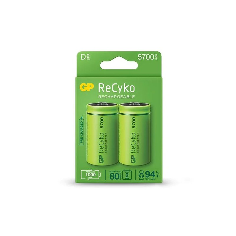 GP ReCyko Pack de 2 Batteries Rechargeables 5700mAh D 1.2V - Préchargées - Cycle de vie : Jusqu'à 1000 fois