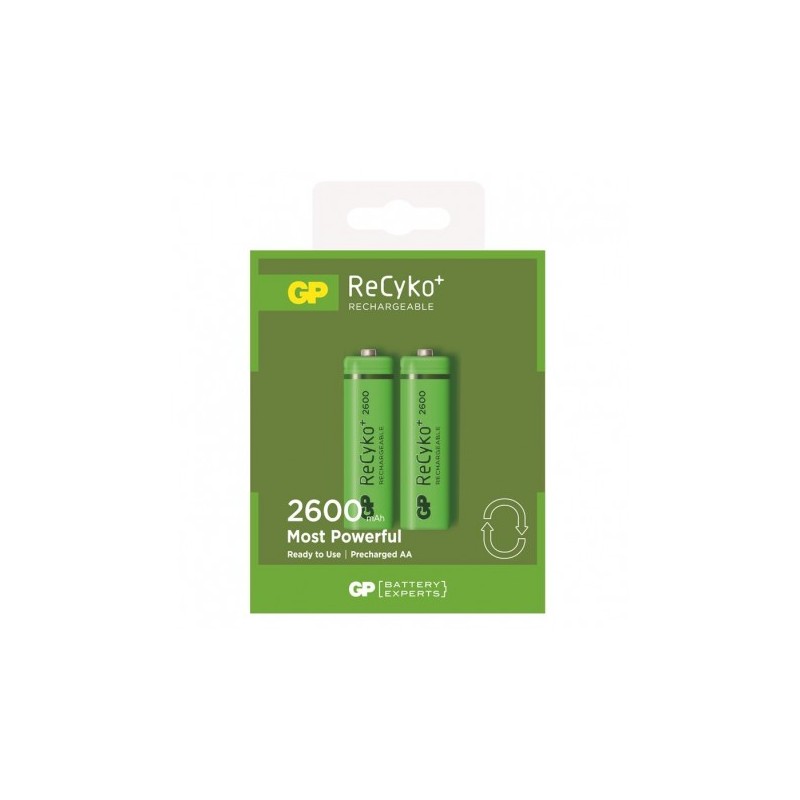 GP ReCyko Lot de 2 Piles Rechargeables 2600mAh AA 1.2V - Préchargées - Cycle de Vie : Jusqu'à 1000 Fois