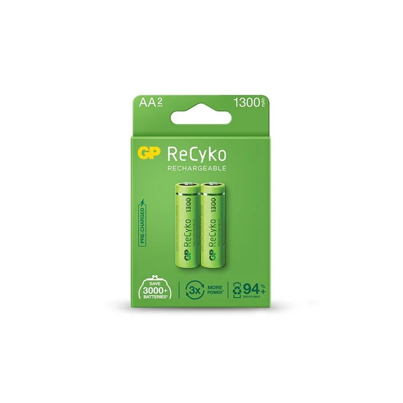 GP ReCyko Pack de 2 Piles Rechargeables 1300mAh AA 1.2V - Préchargées - Fabriquées avec plus de 10% de Matériaux Recyclés GP ReCyko Pack de 2 Piles Rechargeables 1300mAh AA 1.2V - Préchargées - Fabriquées avec plus de 10% de Matériaux Recyclés
