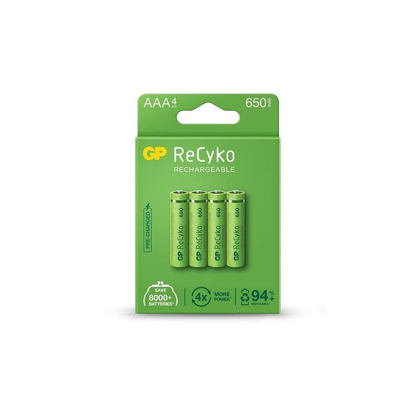 GP ReCyko Pack de 4 Piles Rechargeables 650mAh AAA 1.2V - Préchargées - Fabriquées avec plus de 10% de matériaux recyclés